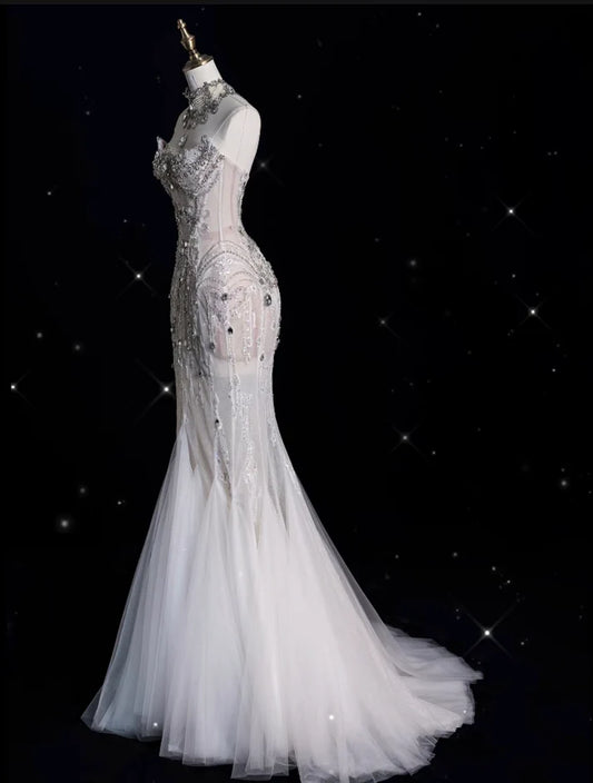 Vintage Sparkling Beaded Mermaid Design Strapless Princess Wedding Dress, D1588