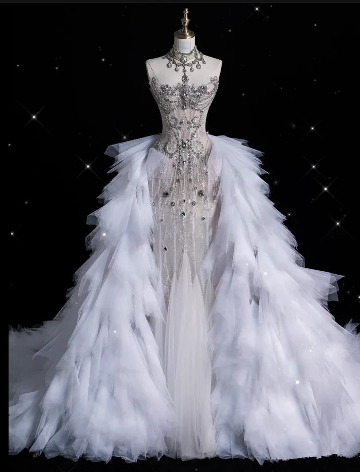 Vintage Sparkling Beaded Mermaid Design Strapless Princess Wedding Dress, D1588