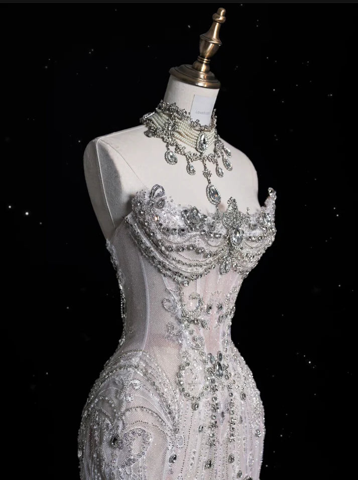 Vintage Sparkling Beaded Mermaid Design Strapless Princess Wedding Dress, D1588