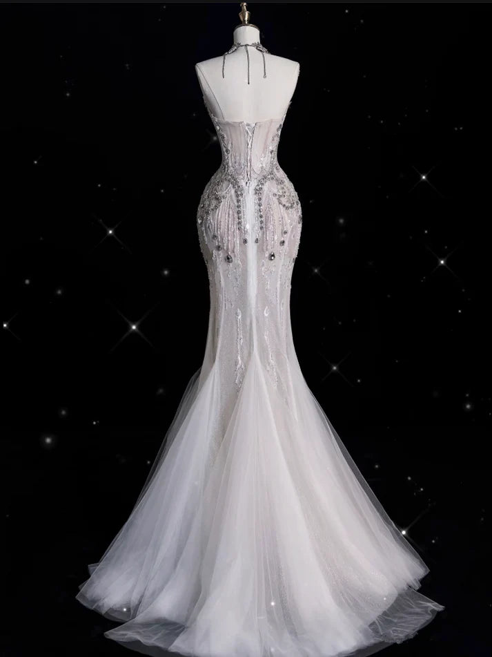 Vintage Sparkling Beaded Mermaid Design Strapless Princess Wedding Dress, D1588