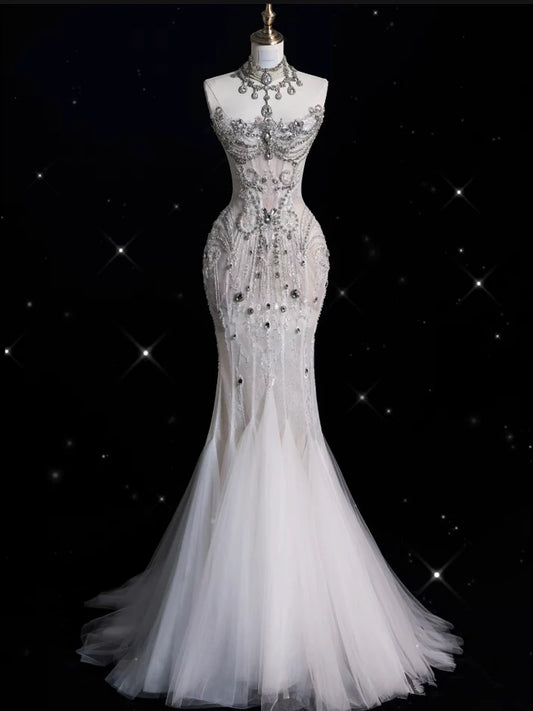Vintage Sparkling Beaded Mermaid Design Strapless Princess Wedding Dress, D1588