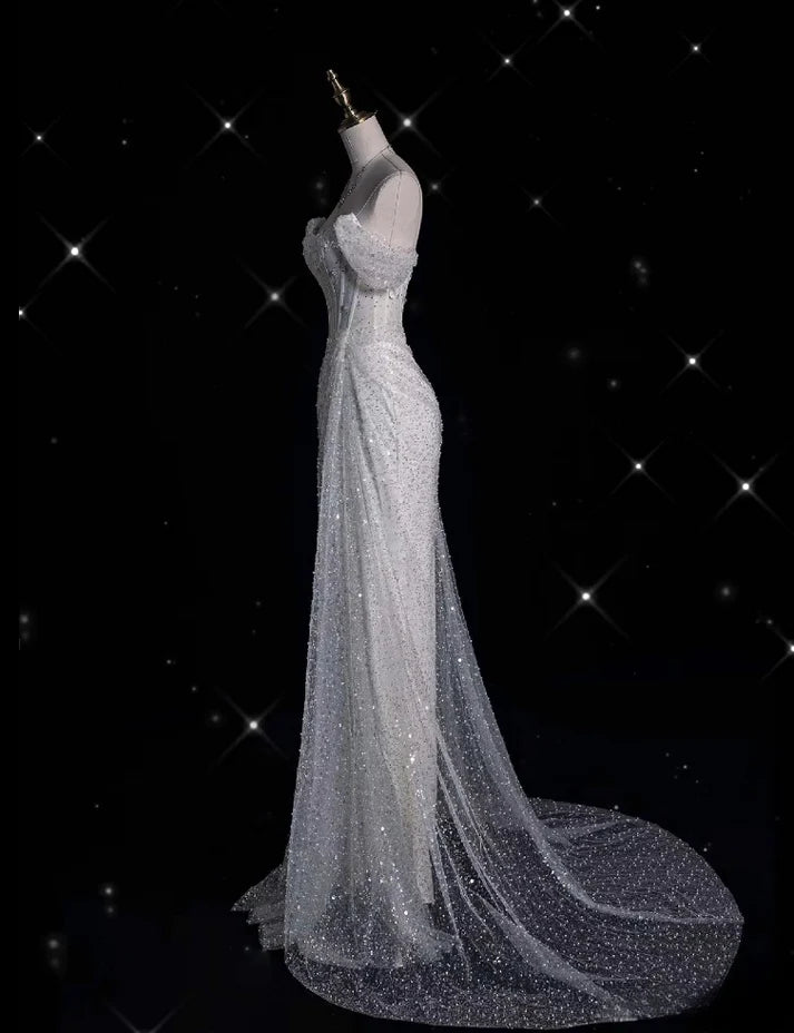 Elegant Sparkling Sequin Mermaid Design Off-the-shoulder Princess Wedding Dress, D1589