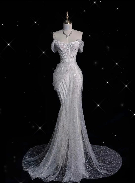 Elegant Sparkling Sequin Mermaid Design Off-the-shoulder Princess Wedding Dress, D1589