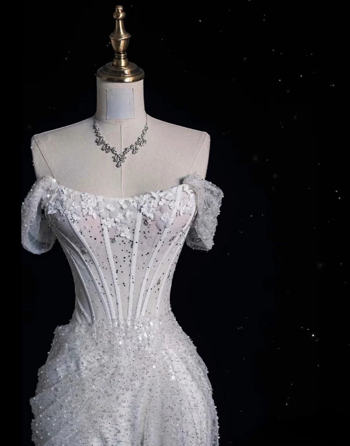 Elegant Sparkling Sequin Mermaid Design Off-the-shoulder Princess Wedding Dress, D1589