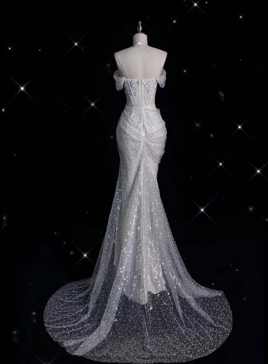 Elegant Sparkling Sequin Mermaid Design Off-the-shoulder Princess Wedding Dress, D1589