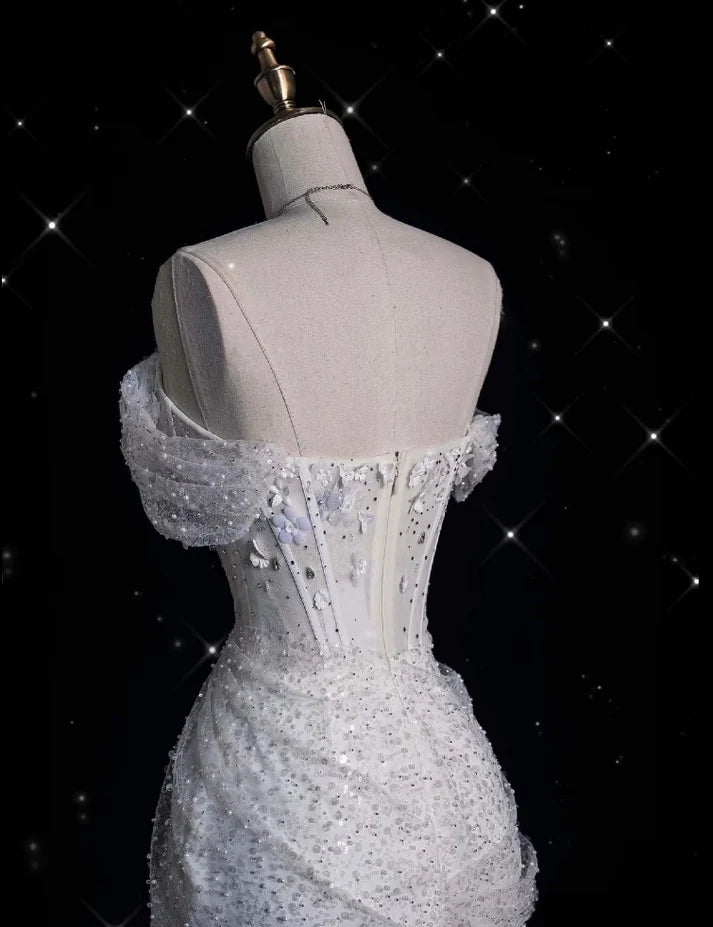 Elegant Sparkling Sequin Mermaid Design Off-the-shoulder Princess Wedding Dress, D1589