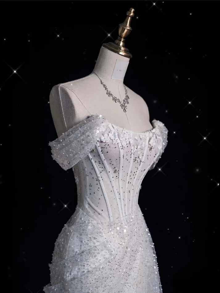 Elegant Sparkling Sequin Mermaid Design Off-the-shoulder Princess Wedding Dress, D1589