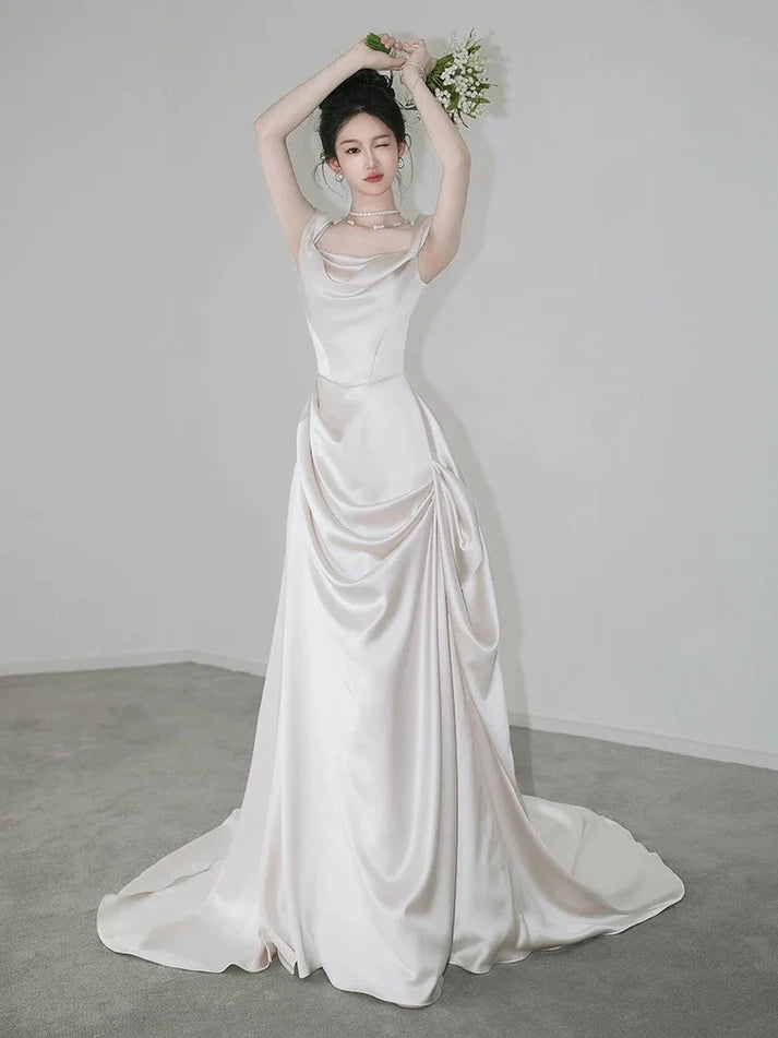 Retro Off-the-shoulder Floor Length Design Elegant Satin A-Line Wedding Dress, D1585