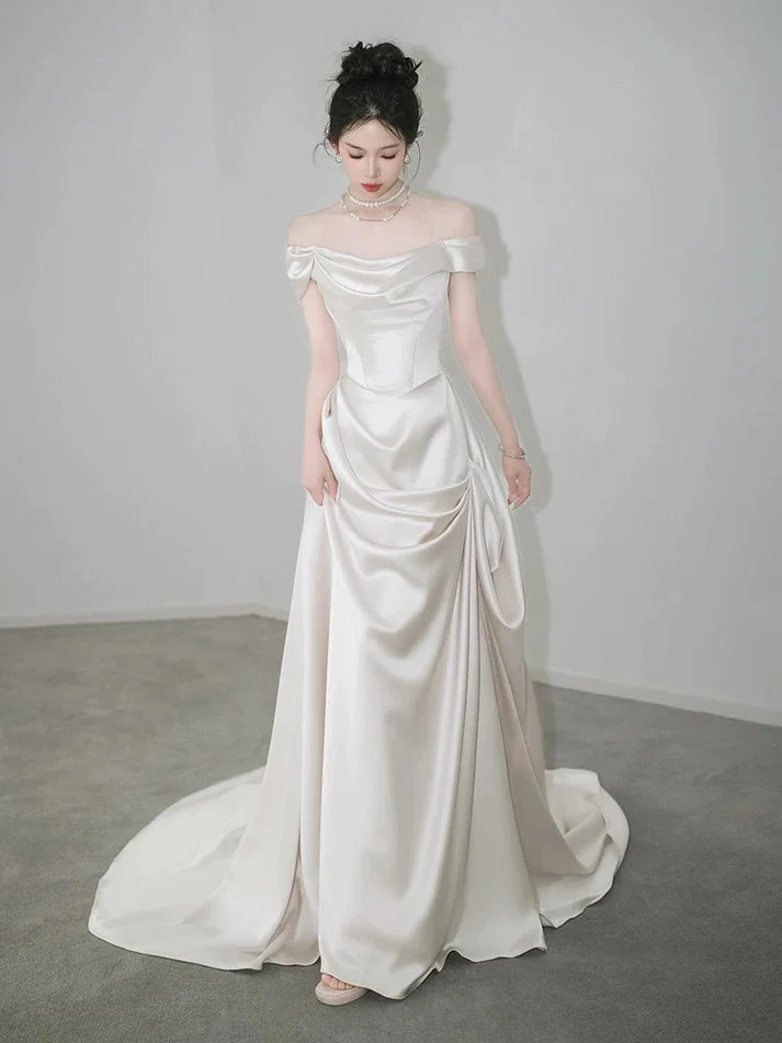 Retro Off-the-shoulder Floor Length Design Elegant Satin A-Line Wedding Dress, D1585
