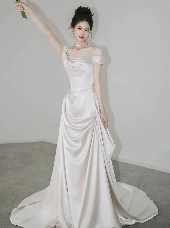 Retro Off-the-shoulder Floor Length Design Elegant Satin A-Line Wedding Dress, D1585