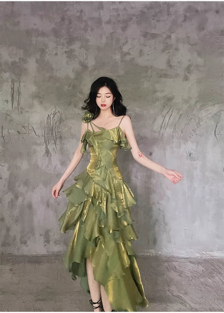 Retro Spaghetti Strap Irregular Ruffled Detachable Rose Design Elegant Satin Evening Dress Prom Dress D1583