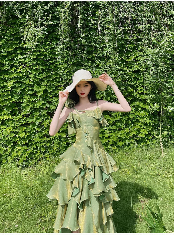 Retro Spaghetti Strap Irregular Ruffled Detachable Rose Design Elegant Satin Evening Dress Prom Dress D1583
