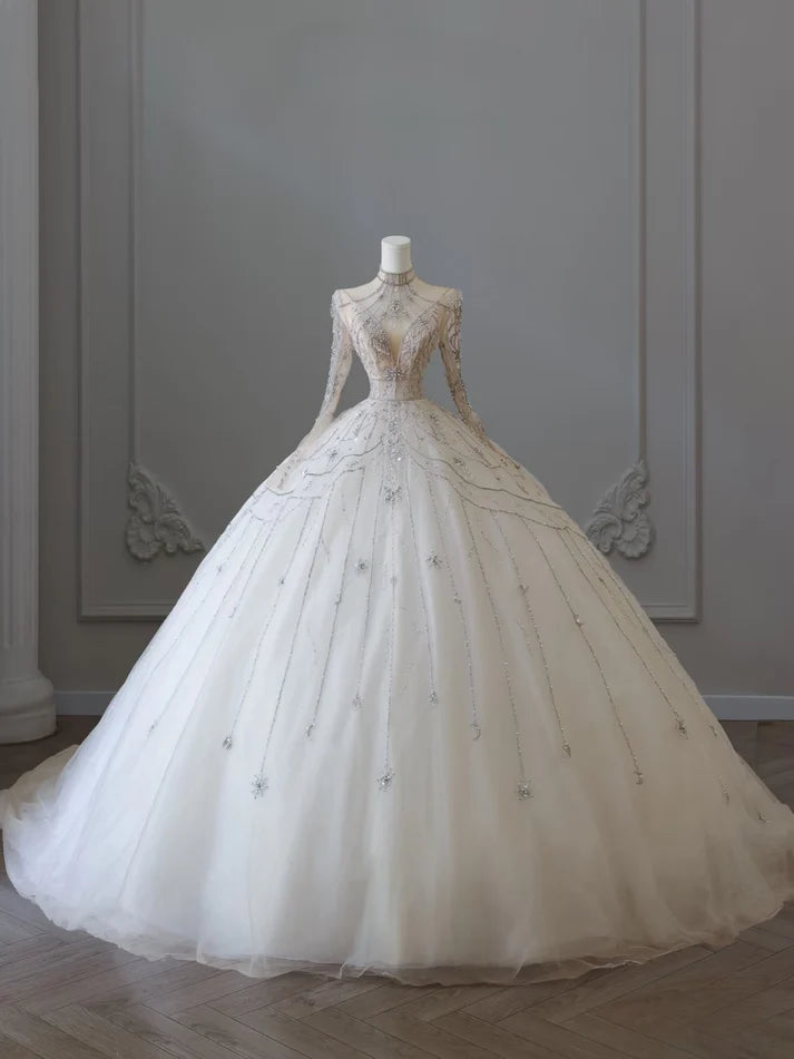 Vintage Sparkling Beaded Ball Gown Design A-Line Long-sleeved Princess Wedding Dress, D1587