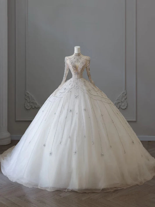 Vintage Ballkleid mit funkelnden Perlen und langen Ärmeln im A-Linien-Prinzessin-Stil, D1587