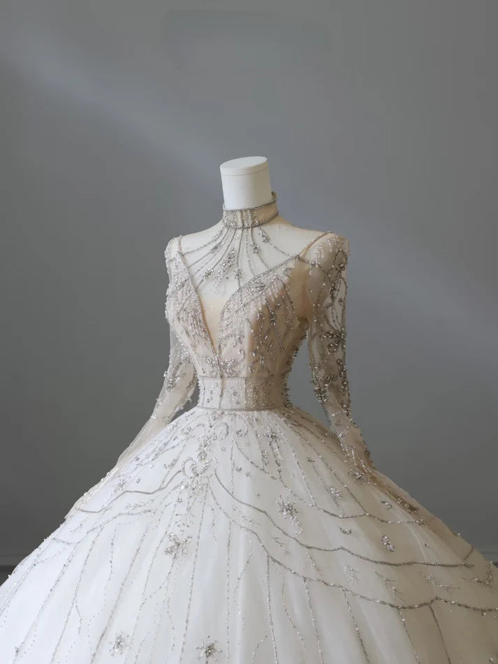 Vintage Sparkling Beaded Ball Gown Design A-Line Long-sleeved Princess Wedding Dress, D1587