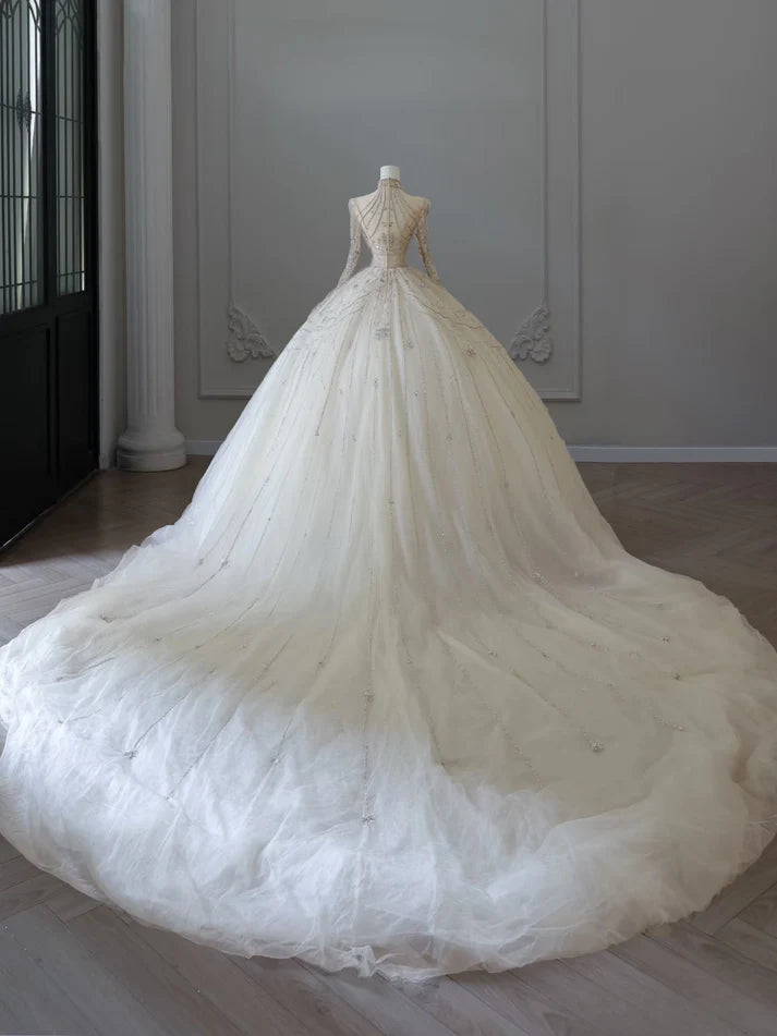 Vintage Sparkling Beaded Ball Gown Design A-Line Long-sleeved Princess Wedding Dress, D1587