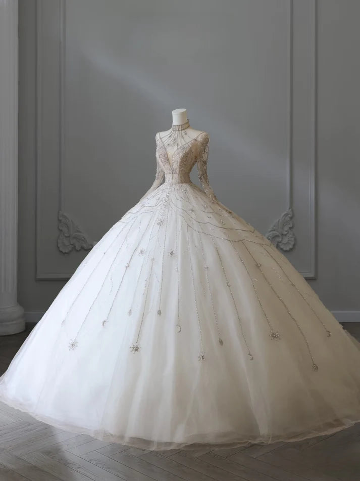 Vintage Sparkling Beaded Ball Gown Design A-Line Long-sleeved Princess Wedding Dress, D1587