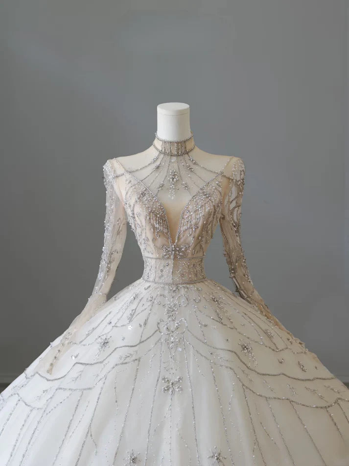 Vintage Sparkling Beaded Ball Gown Design A-Line Long-sleeved Princess Wedding Dress, D1587