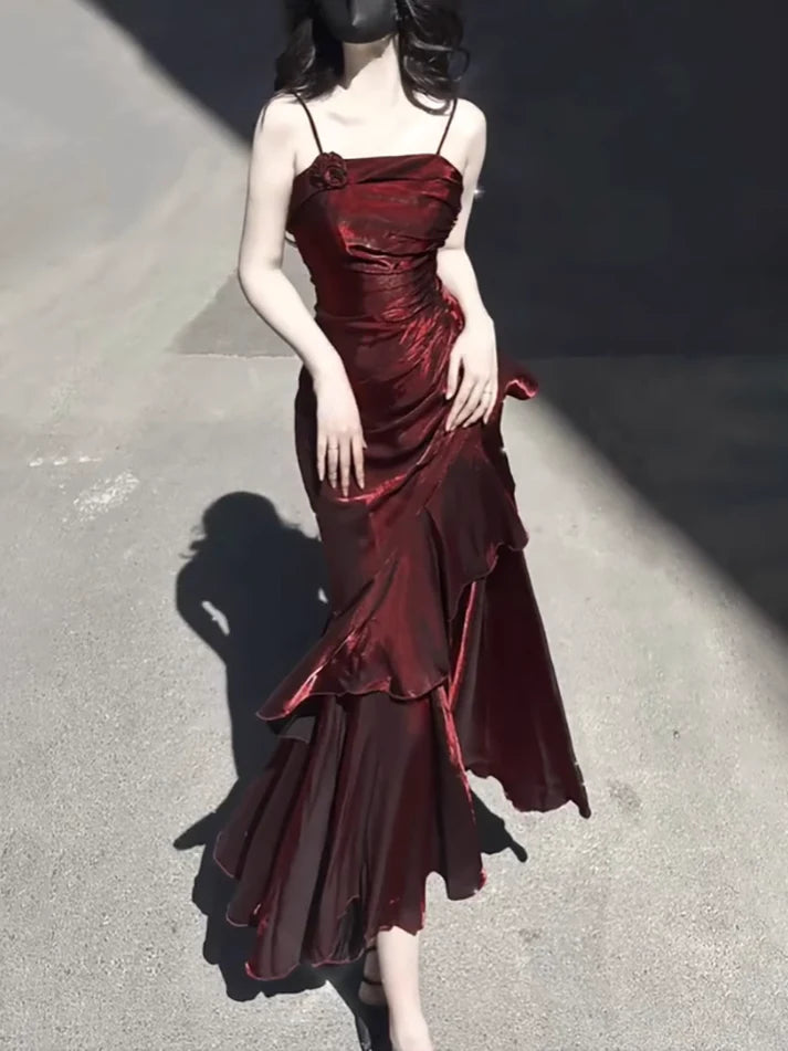 Vintage Burgundy Spaghetti Strap Ruffle Design Elegant A-line Evening Dress Prom Dress D1600