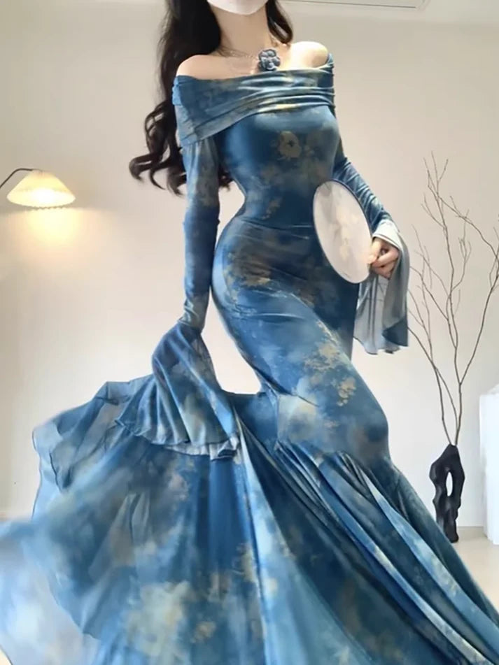 Vintage Blue Off-the-shoulder Floral Design Elegant Mermaid Chiffon Evening Dress Prom Dress D1596