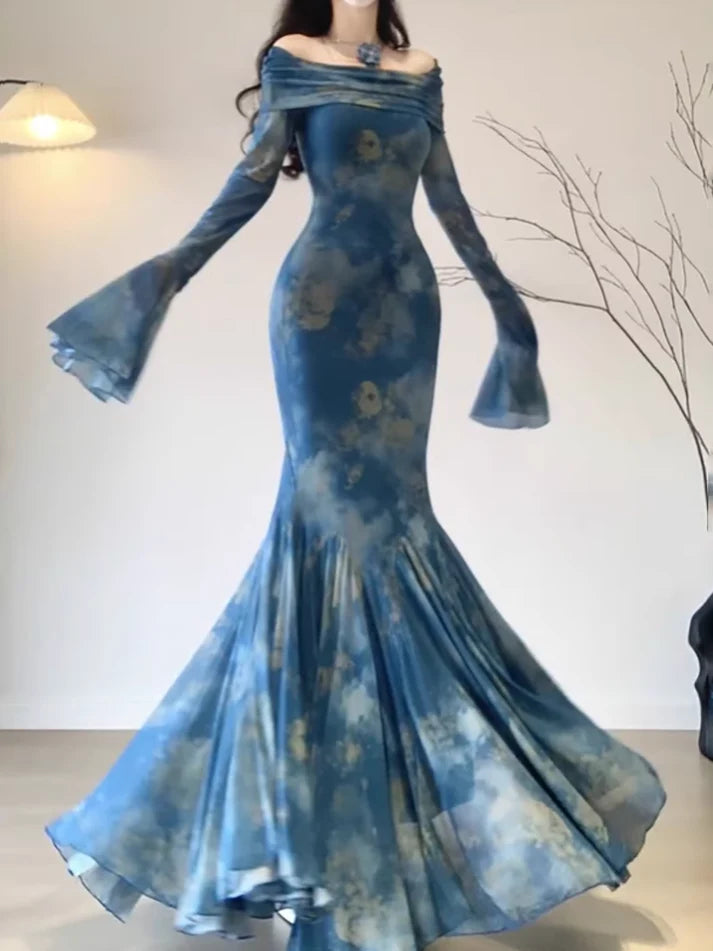 Vintage Blue Off-the-shoulder Floral Design Elegant Mermaid Chiffon Evening Dress Prom Dress D1596