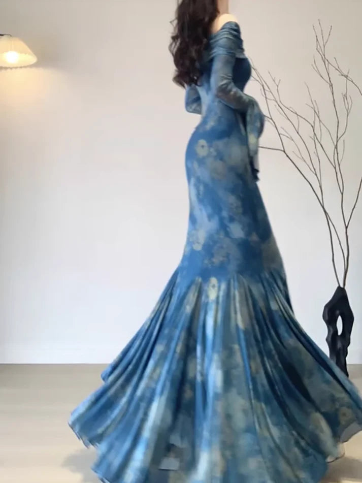 Vintage Blue Off-the-shoulder Floral Design Elegant Mermaid Chiffon Evening Dress Prom Dress D1596