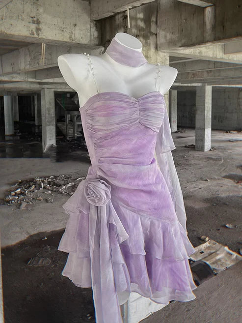 Robe de soirée courte violet clair rétro à bretelles spaghetti, coupe trapèze, lilas, pour 17e anniversaire, D1532