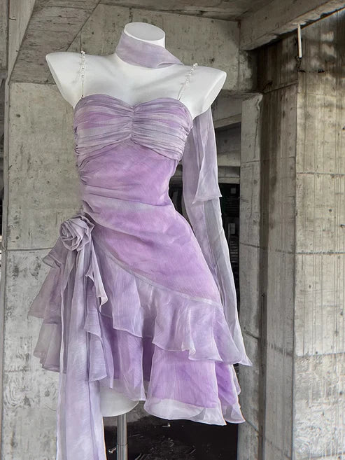 Robe de soirée courte violet clair rétro à bretelles spaghetti, coupe trapèze, lilas, pour 17e anniversaire, D1532