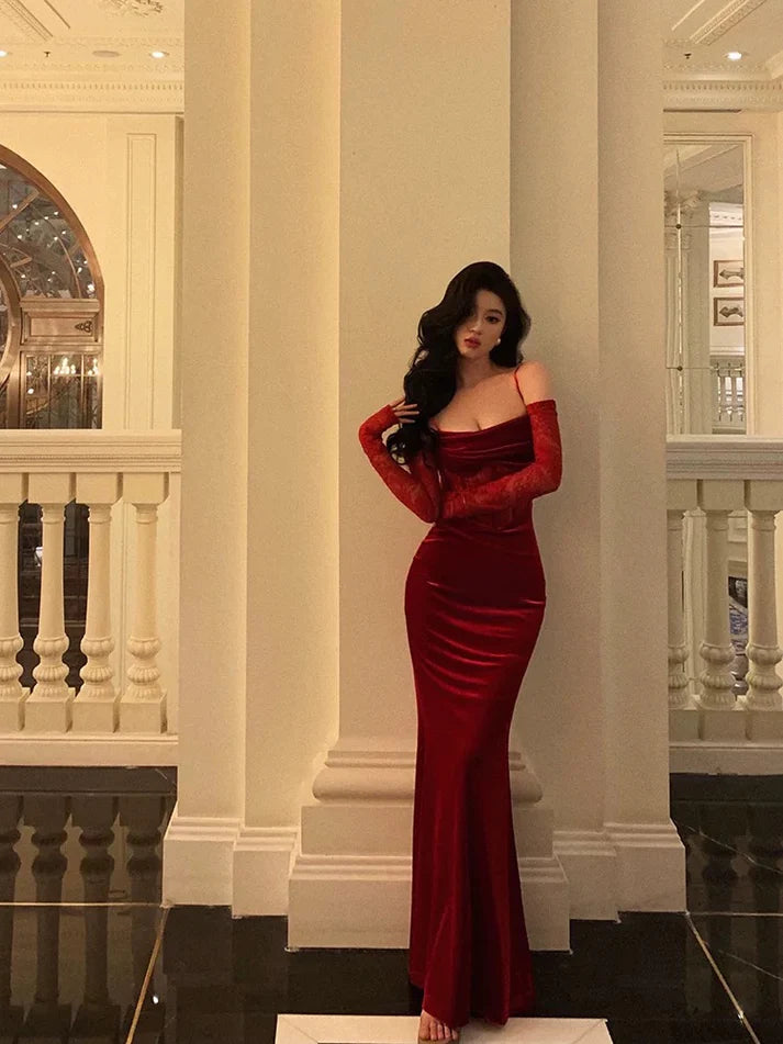 Vintage Red Spaghetti Strap Gloves Design Elegant Sheath Evening Dress Prom Dress D1580