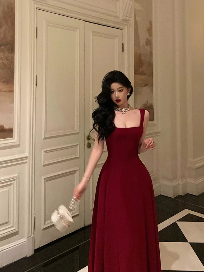 Retro Burgundy Maxi Length Design Elegant A-Line Evening Dress Prom Dress D1582