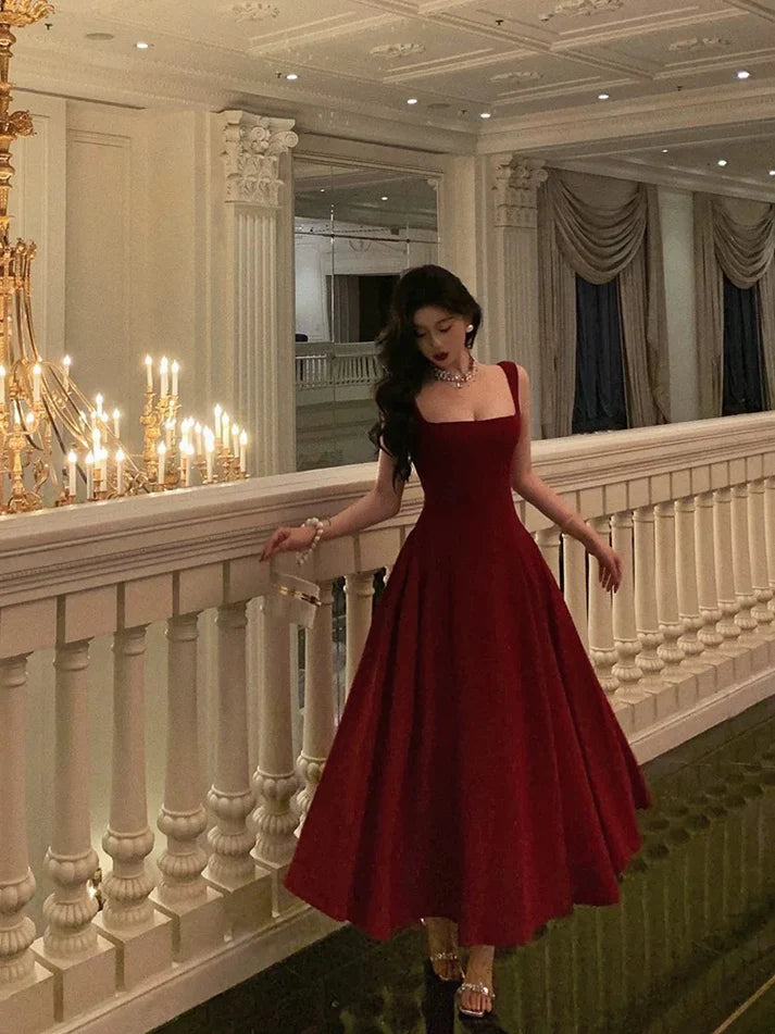 Retro Burgundy Maxi Length Design Elegant A-Line Evening Dress Prom Dress D1582