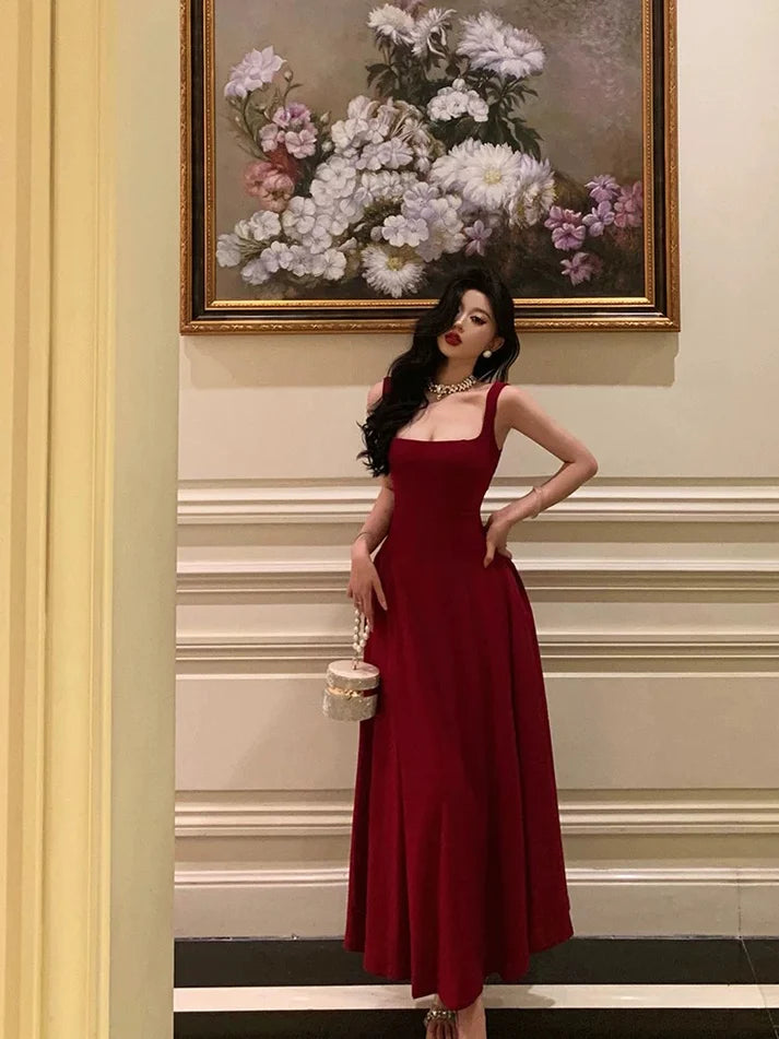 Retro Burgundy Maxi Length Design Elegant A-Line Evening Dress Prom Dress D1582