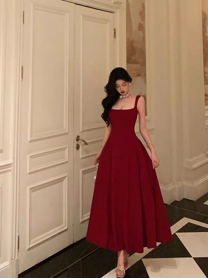 Retro Burgundy Maxi Length Design Elegant A-Line Evening Dress Prom Dress D1582