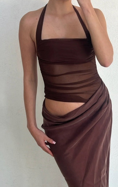 Simple Dark Khaki Halter Dress Design A-line Tulle Women Party Dress, D1407
