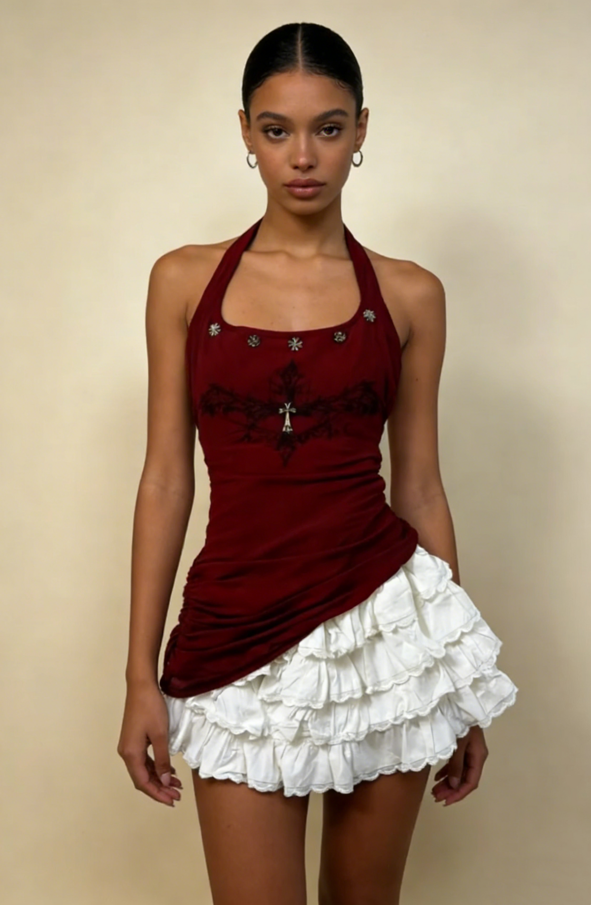 Stunning Homecoming Dress Wine Red Halter Tiered Short Prom Dress Birthday Party Outfits D4454