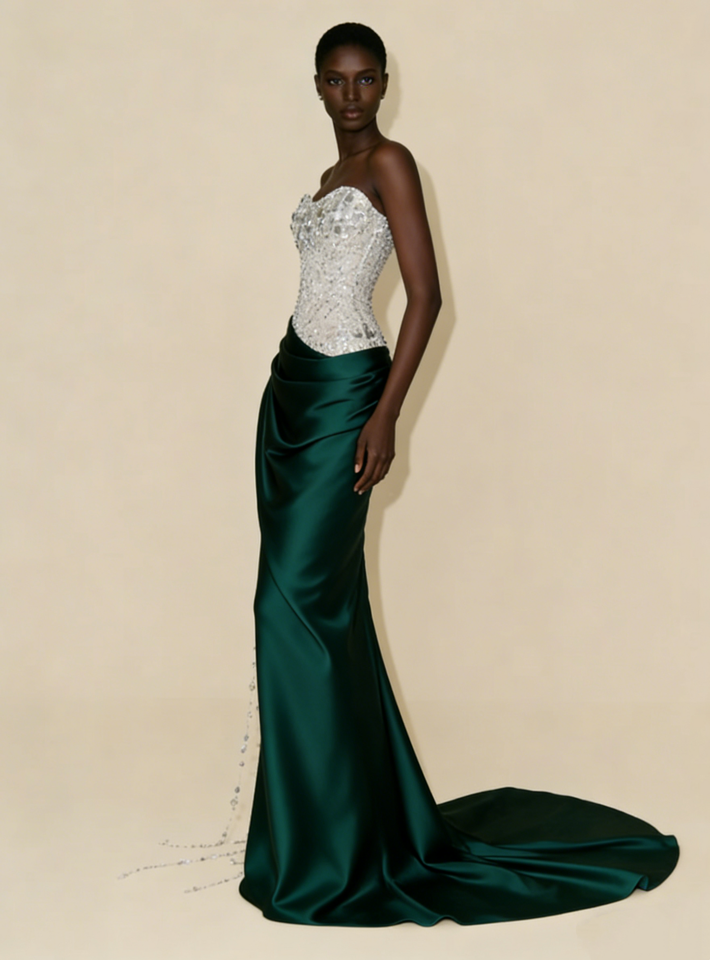 Stunning Strapless Sheath Satin Beaded Long Evening Party Dress Birthday Outfits, D980