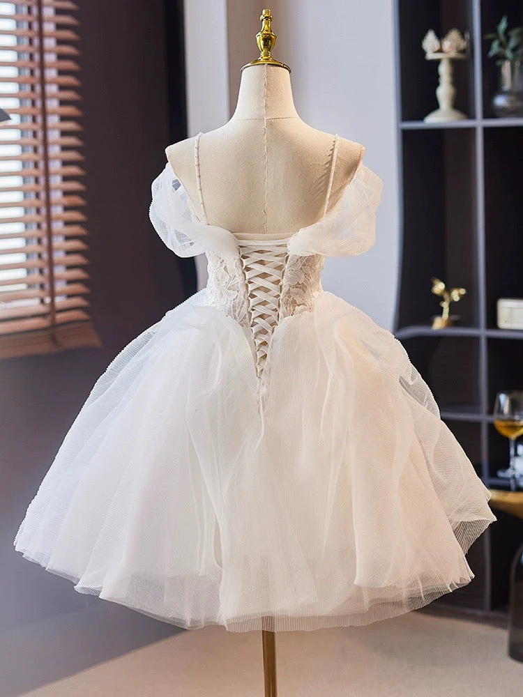 Off Shoulder Sweetheart Homecoming Dress Tulle Lace White Short Prom Dress MD7230