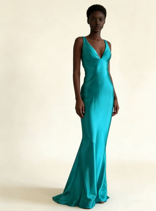 Turquoise V Neck Backless Mermaid Satin Long Formal Party Dress, MD7979