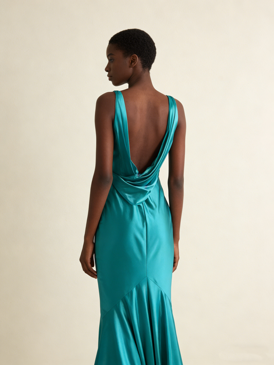 Robe de soirée longue sirène en satin turquoise, dos nu et col en V, MD7979