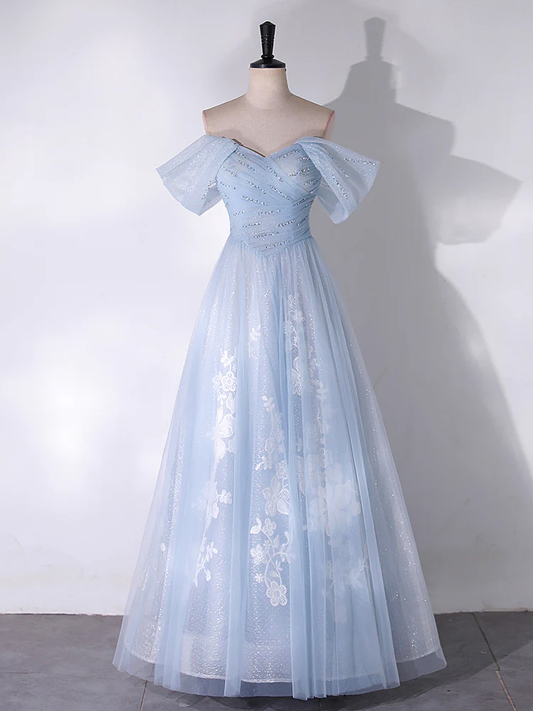 Robe de bal longue bleue en tulle et dentelle, coupe trapèze, épaules dénudées, robe de soirée longue bleue MD7231