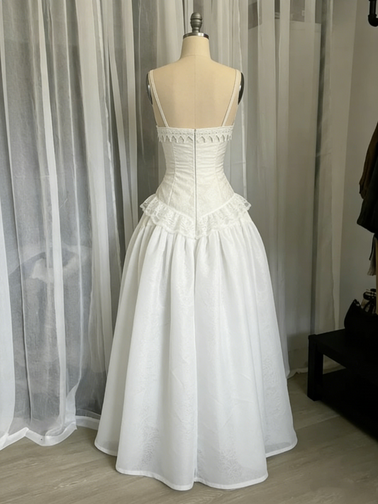 White Spaghetti Straps A-Line Lace Long Party Dress Vintage Wedding Dress, D991