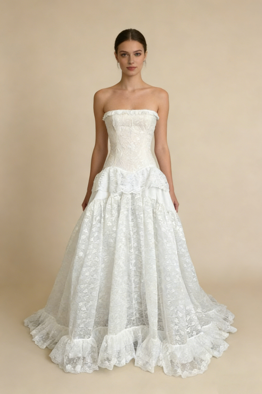 White Strapless A-Line Lace Long Party Dress Vintage Wedding Dress, D791