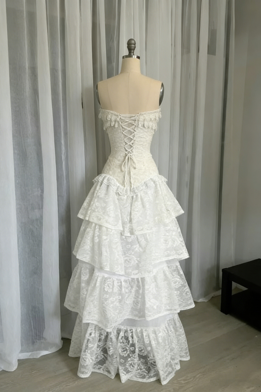 White Strapless A-Line Lace Long Party Dresses Vintage Wedding Dresses, D1208