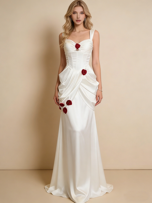 White Straps Satin Mermaid Long Party Dress Chic Wedding Dress MD7500