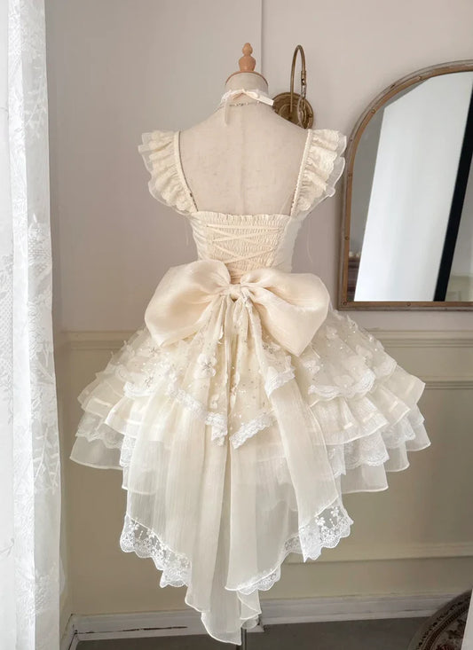 Robe de soirée vintage beige à lacets et nœud en cœur, coupe trapèze, en tulle, à volants, robe de bal D1518