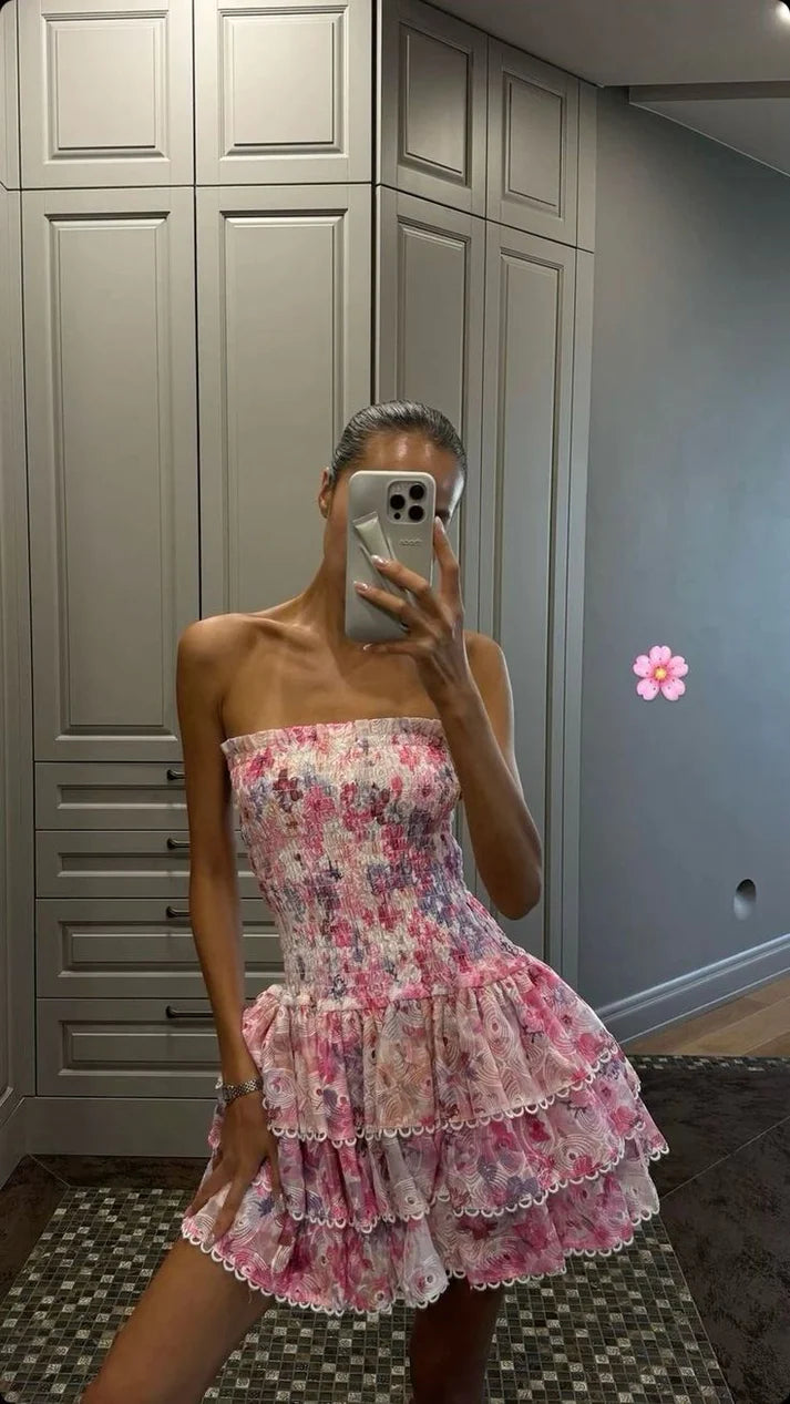 Cute Floral Strapless Design A-line Tiered Party Dress Homecoming Dress D1560