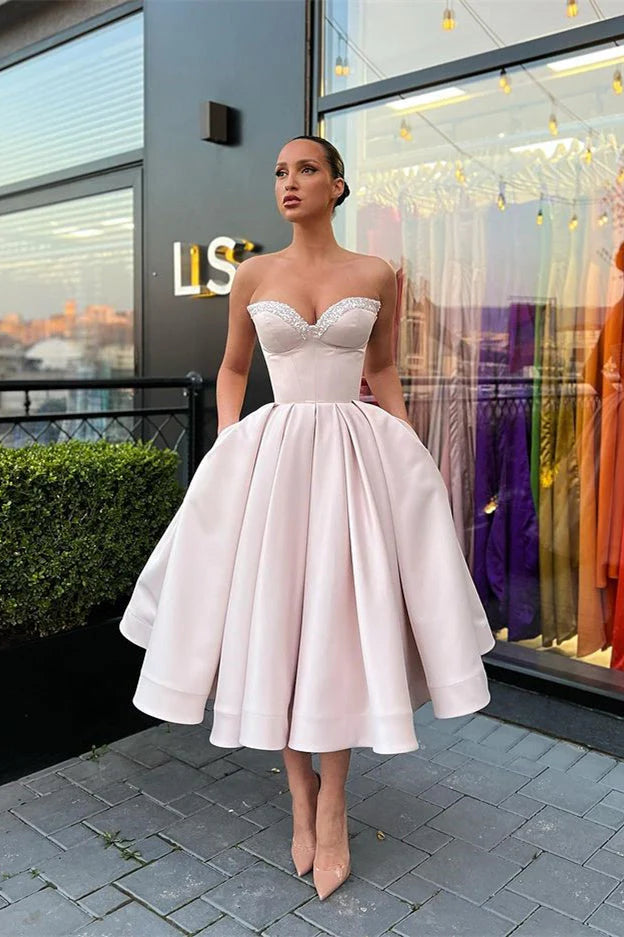 Retro Light Pink Sweetheart Strapless Design A-line Satin Party Dress Homecoming Dress D1535