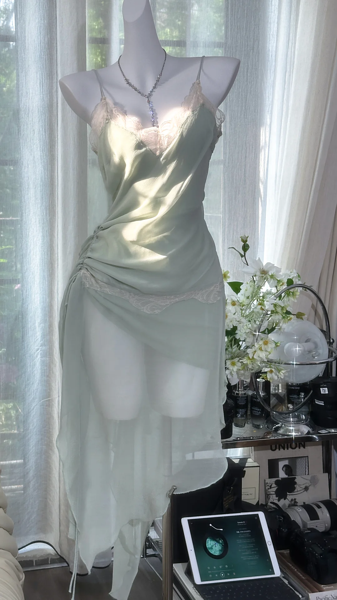Vintage Mint Green Irregular Lace Hem Spaghetti Strap Design Chiffon Prom Dress Evening Dress D1703