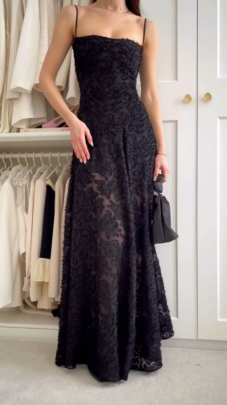 Black Spaghetti Straps A-Line Long Prom Dress Evening Gown MD7846