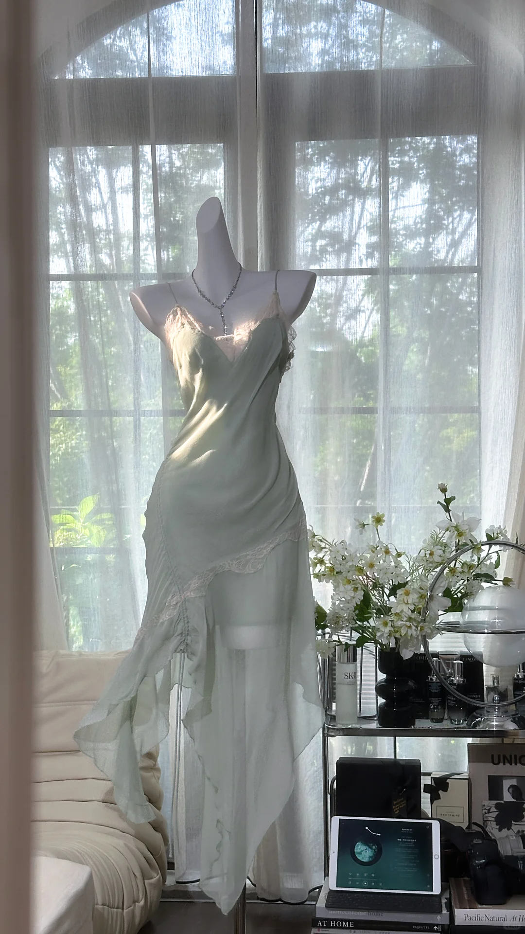 Vintage Mint Green Irregular Lace Hem Spaghetti Strap Design Chiffon Prom Dress Evening Dress D1703